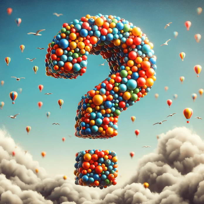 DALL·E 2023-10-25 13.25.23 - Foto de un símbolo de interrogación hecho de globos de colores, flotando en el aire con un fondo de cielo azul y nubes esponjosas. Alrededor del símbo