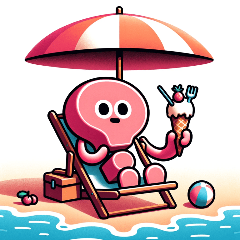 DALL·E 2023 10 25 13.26.50 Dibujo animado de un simbolo de interrogacion de color rosa con brazos y piernas sosteniendo una paleta de helado mientras se relaja en una tumbona b