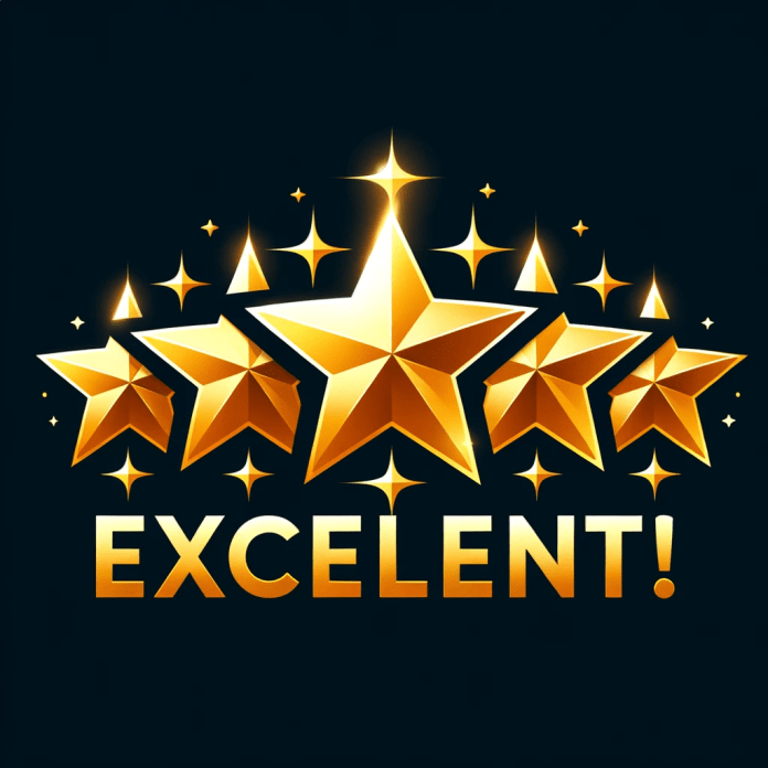 DALL·E 2023-10-25 18.37.27 - Vector graphic of five bright gold stars arranged in a row on a sleek black background. Underneath, the word 'Excellent!' is written in a modern, bold