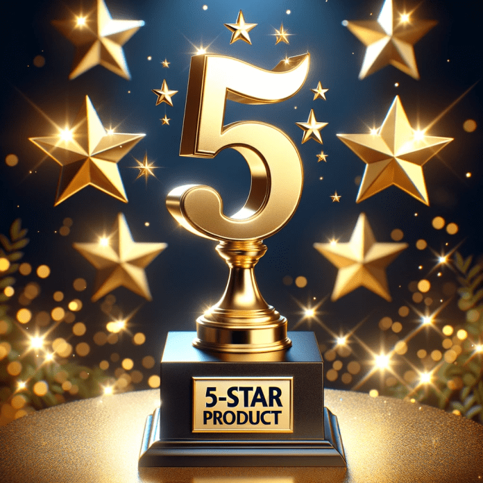 DALL·E 2023-10-25 18.37.55 - Photo of a golden trophy with the number '5' on it, shining brightly on a pedestal. In the background, there are sparkling stars and the text '5-Star