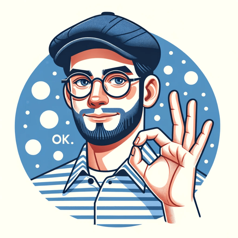 DALL·E 2023 10 25 18.43.08 Illustration of a man with a cap and glasses wearing a striped shirt showing an OK sign with his hand. The background is a playful pattern of blue