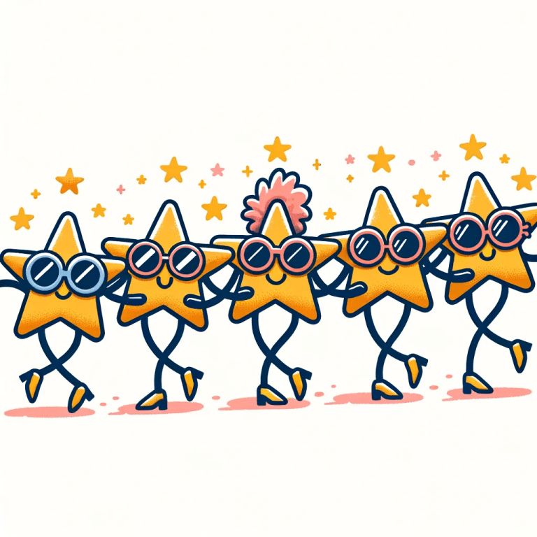 Inicio 56 DALL·E 2023 10 26 09.45.28 Vector graphic of five stars with legs and arms doing a conga line dance. Each star has a quirky accessory like sunglasses or a feather boa