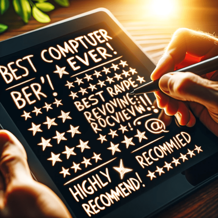 DALL·E 2023-10-26 12.27.17 - Photo of a hand writing a glowing review on a tablet, with phrases like 'best computer ever!' and 'highly recommend!' visible, and a prominent 5-star