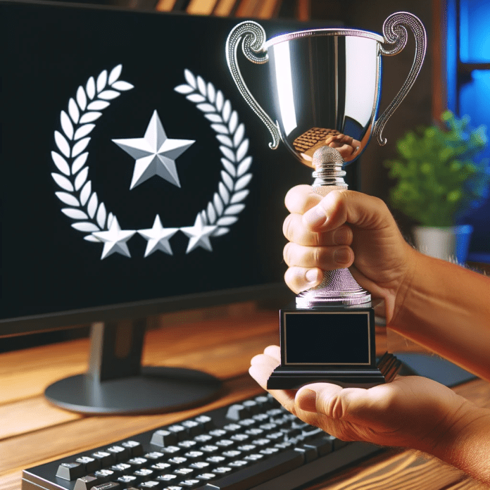 DALL·E 2023-10-26 12.29.04 - Photo of a person holding a shiny trophy next to a computer setup, symbolizing the computer's award-winning quality, with a 5-star rating emblem etche