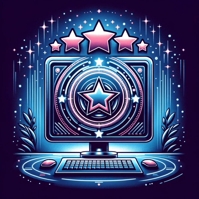 DALL·E 2023-10-26 12.29.08 - Vector graphic of a futuristic computer with holographic displays, and a large 5-star emblem floating above it, showcasing its superior quality