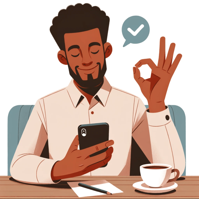 DALL·E 2023-10-26 12.31.54 - Illustration of a man with African descent sitting at a cafe table, examining a mobile phone, and showing an OK gesture to signify his satisfaction